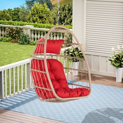CAVINAS Egg Rattan Outdoor Swing Chair,Wooden Porch Swing for Farmhouse, Courtyard,Apartment,100% Hand Woven