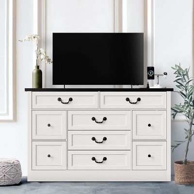 Farmhouse 9 Drawer Dresser, 54" Wide Wide Wood Dresser with Roman Metal Handle, Vintage Dresser TV Stand, Chest of Drawers for Bedroom