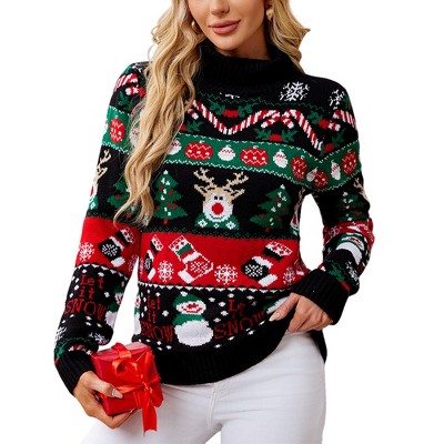 Women's Long Sleeve High Neck Knit Sweater Christmas Pullover Small Snowman Design Soft Knitted Sweater