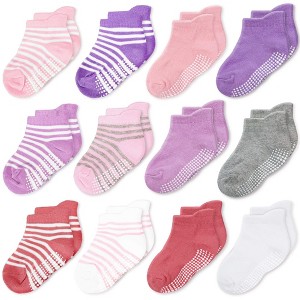 CozyWay Non-Slip Ankle Style Socks with Grippers, 12 Pack for Baby Girls, 6-12 Months - Pink/Purple/White/Gray Stripes & Solid - 1 of 4