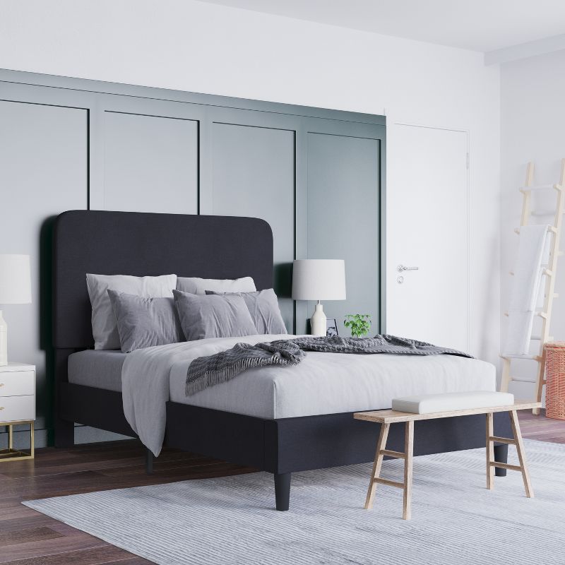 Emma and Oliver Pasithea Upholstered Platform Bed with Curved, Slim Panel Headboard and Wooden Support Slats, 3 of 13