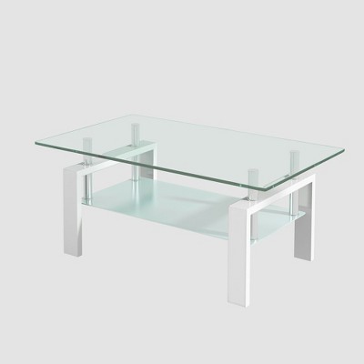 Lirago Tempered Clear Glass 2-Layer Coffee Table with Metal Tubular Legs-Modern Geometric Design 23.62"W * 39.37"L * 17.32"H