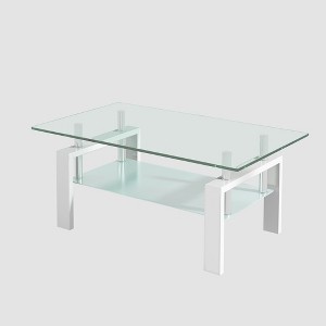 Lirago Tempered Clear Glass 2-Layer Coffee Table with White Metal Tubular Legs-Modern Geometric Design 23.62"W * 39.37"L * 17.32"H - 1 of 4