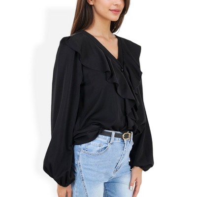 Anna-Kaci Women's V-Neck Blouse with Ruffle Front Detail and Long Puff Sleeves