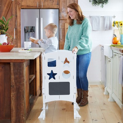 Guidecraft Classic Kitchen Helper Kids' Step Stool: Folding, Adjustable Kids Non-Slip Learning Toddler Tower with Safe Keepers