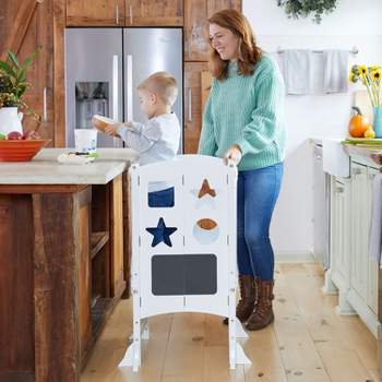 Guidecraft Classic Kitchen Helper Kids' Step Stool: Foldable, Adjustable Wooden Learning Toddler Tower with 2 Keepers and Chalkboard