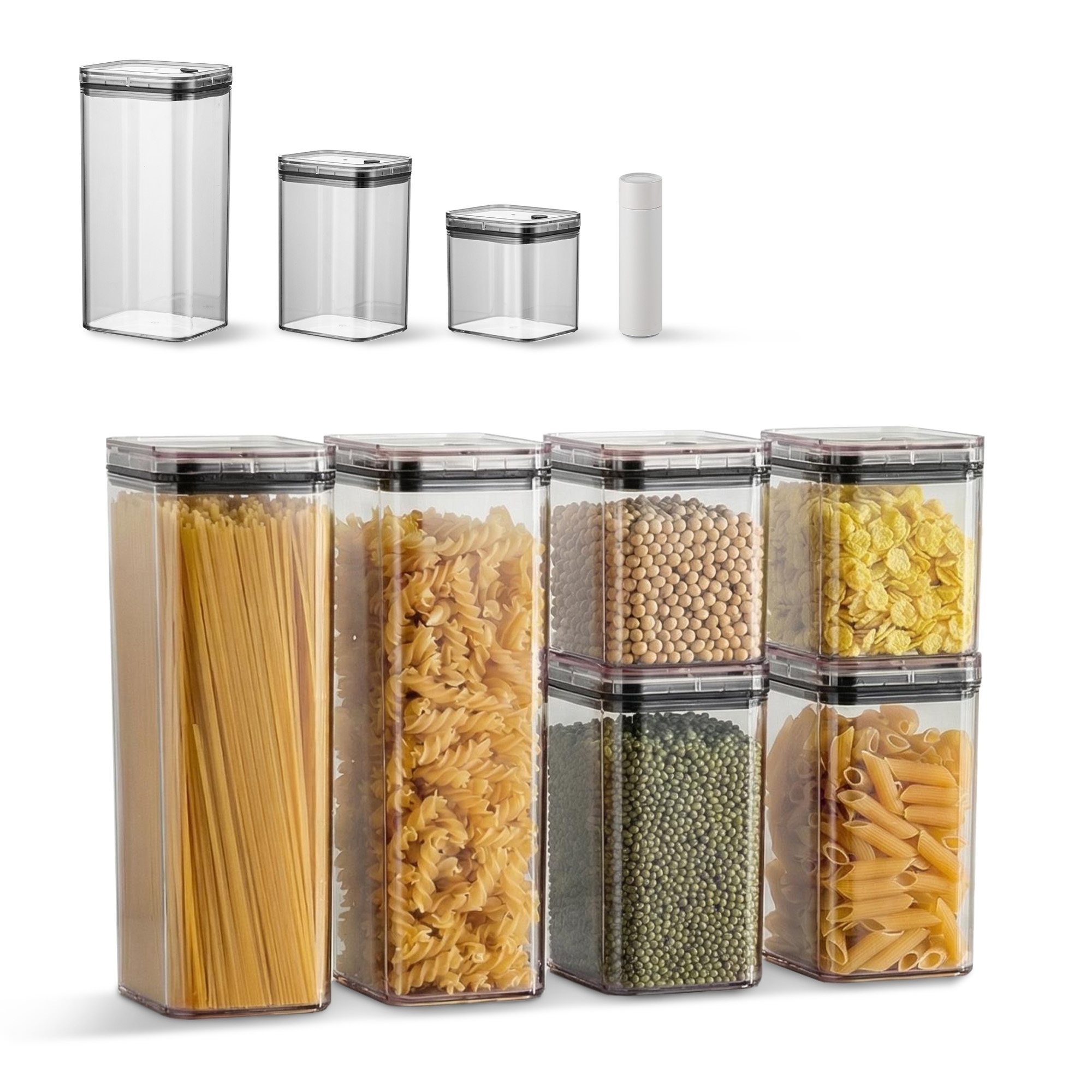 6-Piece Airtight Vacuum Sealed Jars with Lids, 1900/1100/700ML, AS + Silicone, Including 1 Manual Vacuum Pump