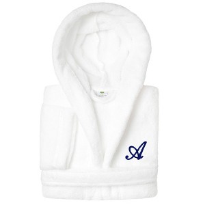 Personalized Linum Kids 100% Polyester SUPER PLUSH Double Brushed Hooded Bathrobe in Navy Script Font - 1 of 4