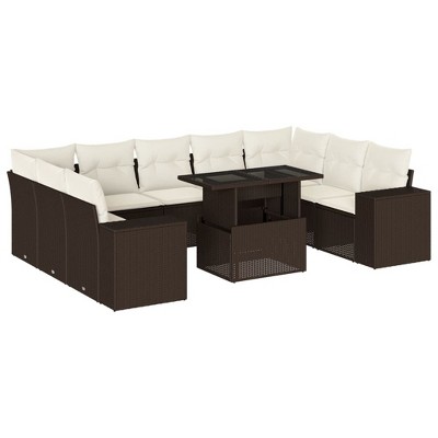 vidaXL 10 Piece Patio Sofa Set with Cushions Brown and Cream Poly Rattan - Without Storage