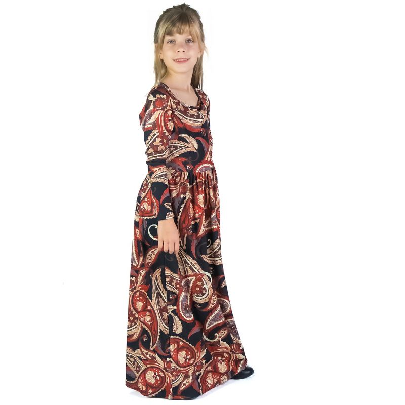 24seven Comfort Apparel Girls Black and Red Paisley Long Sleeve Pleated Maxi Dress, 2 of 5