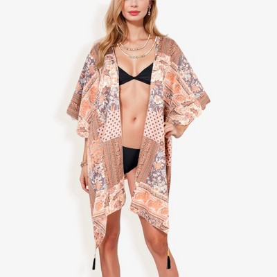 Anna-Kaci Swim Women's Floral Duster Style Cover-Up With Tassels Open Front And Short Sleeves- One Size Fits Most, Mauve Pink