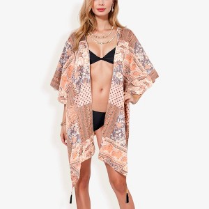 Anna-Kaci Swim Women's Floral Duster Style Cover-Up With Tassels Open Front And Short Sleeves- One Size Fits Most, Mauve Pink - 1 of 4
