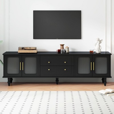 NicBex Contemporary TV Stand with Adjustable Shelves Entertainment Center with Gold Handles and Arch Fluted Glass Doors for Living Room