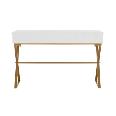 Trestle-Style White and Brass 2-Drawer Campaign Desk