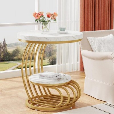 Syemin End Tables Modern Round End Table with 2-Tier Storage Small Modern Side Table or Bedside Nightstand for Living Room, Gold, 19.69"*19.69"*24.8"