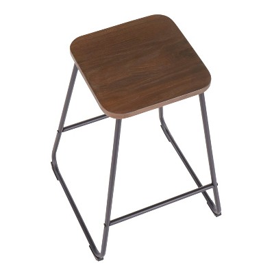 Industrial Black Metal and Espresso Wood Backless Counter Stools, Set of 2