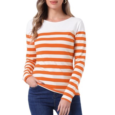 INSPIRE CHIC Women's Color Block Round Neck Long Sleeves Striped Basic T-Shirt