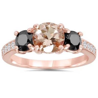 Pompeii3 2.10Ct Morganite & Black Diamond Engagement 3-Stone Ring 14K Rose Gold
