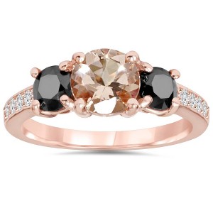 Pompeii3 2.10Ct Morganite & Black Diamond Engagement 3-Stone Ring 14K Rose Gold - 1 of 4