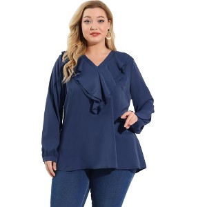 Agnes Orinda Women's Plus Size Long Sleeve Work Fashion Flowy Ruffle V Neck Office Chiffon Blouses - 1 of 4