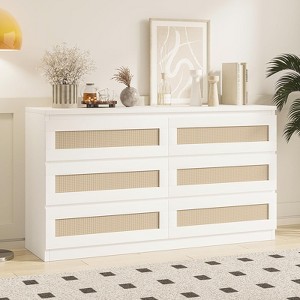 Rattan Dresser for Bedroom, Wood Storage Dresser with 6 Drawers, Modern Wide Dressers & Chest of Drawers with Anti-Tip Kit - 1 of 4
