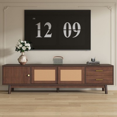 Mid Century Modern TV Stand for 80" TVs,Entertainment Center with Sliding Rattan Doors & Drawers for Living Room–The Pop Home
