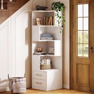 ORRD Corner Bookshelf with 2 Drawers, 66.93" Tall White 5-Tier Modern Bookcase, L-Shaped Storage for Apartment, Living Room & Office - 1 of 4