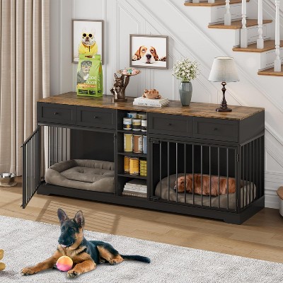 82" Large Dog Crate for 2 Dogs, Dog Kennel Indoor with 4 Drawers and Shelves, Double Dog Crate Furniture TV Stand, Wooden Dog Cage
