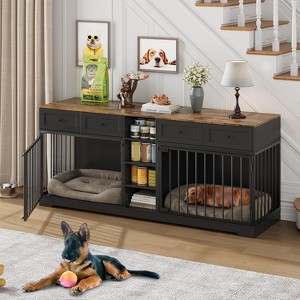 82" Large Dog Crate for 2 Dogs, Dog Kennel Indoor with 4 Drawers and Shelves, Double Dog Crate Furniture TV Stand, Wooden Dog Cage - 1 of 4