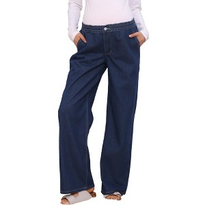 INSPIRE CHIC Women's Maternity Jeans Elastic Waist Wide Leg Long Loose Pregnancy Denim Pants with Pockets - 1 of 4