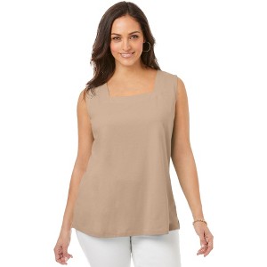 Jessica London Women's Plus Size Stretch Cotton Square Neck Tank - 1 of 4