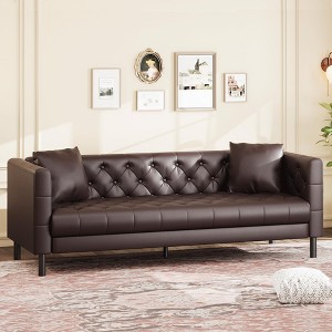 81" Modern Sofa Couches for Living Room, Leather Couch with Handmade Button, 3 Seater Sofa with Deep Seats, Brown Chesterfield Sofa for Apartment - 1 of 4
