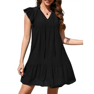 Coolmee Womens Summer Mini Dresses Casual Tie V Neck Cap Sleeve Ruffled T-Shirt  Dress Flowy Swing Short Sundress Black L : Target