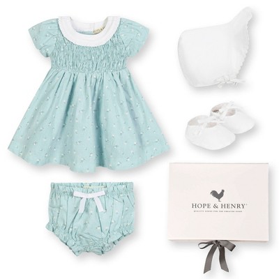 Hope & Henry Blue Dress and Bonnet, Linen Bow Soft Shoe - Boxed Gift Set, 0-3 Months
