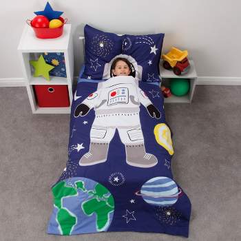 Everything Kids Space Astronaut - Navy, Green and Yellow Glow in the Dark 4 Piece Toddler Bed Set