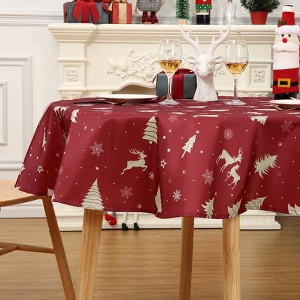 Christmas Tablecloth – Festive Deer, Pine Trees & Snowflakes Design, Waterproof Winter Holiday Dining Decor - 1 of 4