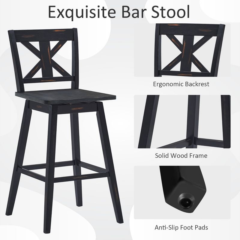 Costway Set of 2 Bar Stools Swivel Pub Height Chairs w/ Rubber Wood Legs White\Black, 4 of 9