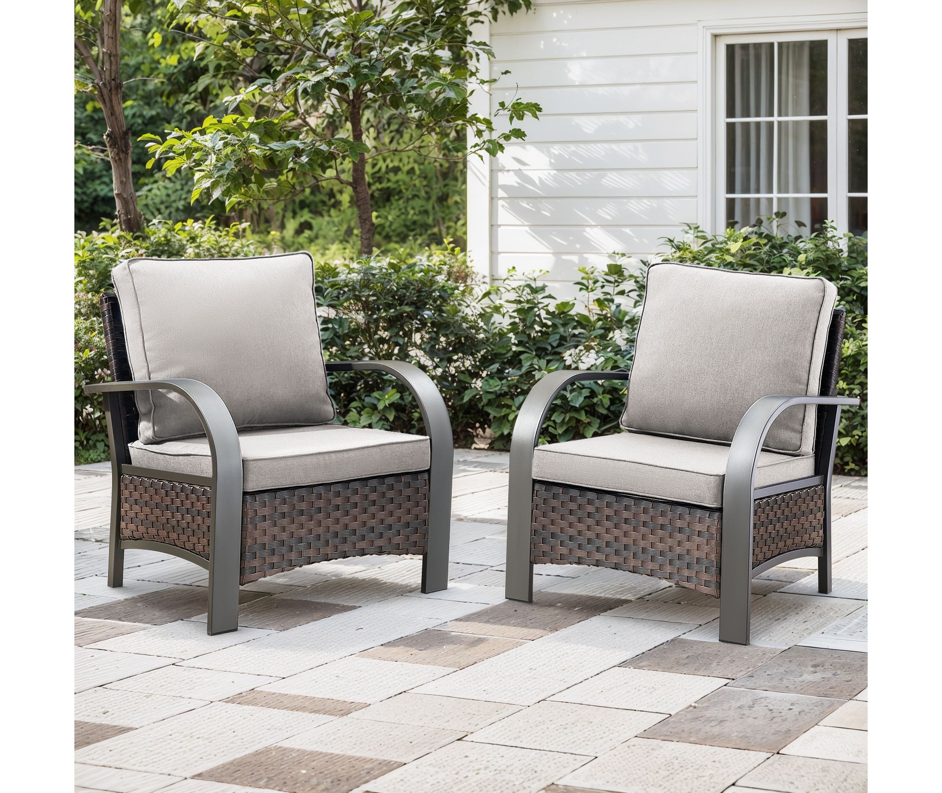 Buenhomino Cushioned Outdoor Wicker Rattan Chair Set Patio Furniture Backyard Seat