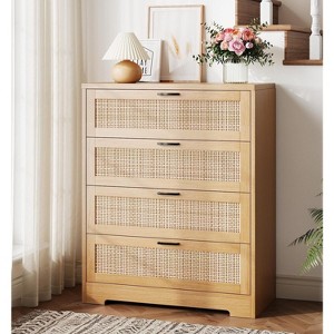 4 Drawer Dresser for Bedroom, Rattan Chest of Dressers, Modern Wood Tall Dresser with Power Outlets, Drawer Organizer Unit with Metal Handle - 1 of 4