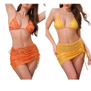 INSPIRE CHIC Women's Water Ripples Colorblock Halter Tie Back Top Triangle Bottom Mesh Cover Up Swimwear Bikini 2 Sets - 1 of 4