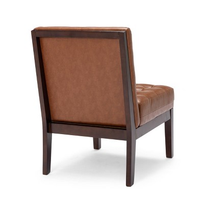 Cognac Faux Leather Tufted Slipper Chair with Dark Espresso Legs