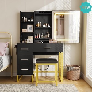 Jojoka Vanity Desk with Mirror and Lights, Sliding LED Mirror, Charging Ports, 4 Drawers, Hidden Storage & Hair Dryer Holder - 1 of 4