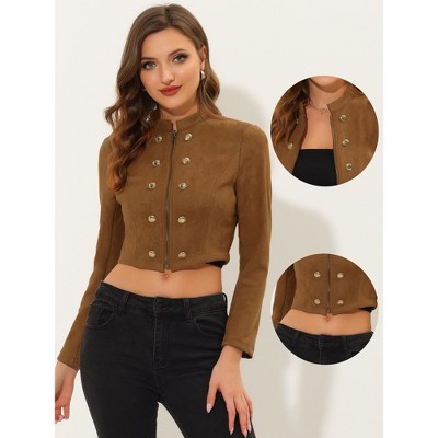 INSPIRE CHIC Women's Stand Collar Zip Up Faux Suede Cropped Jacket Small Brown — фото 2