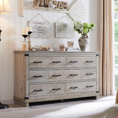 SinCiDo Farmhouse 7 Drawer Dresser, 54" Wide Wood Bedroom Furniture w/ Natural Texture & Metal Handles for Living Room, Hallway