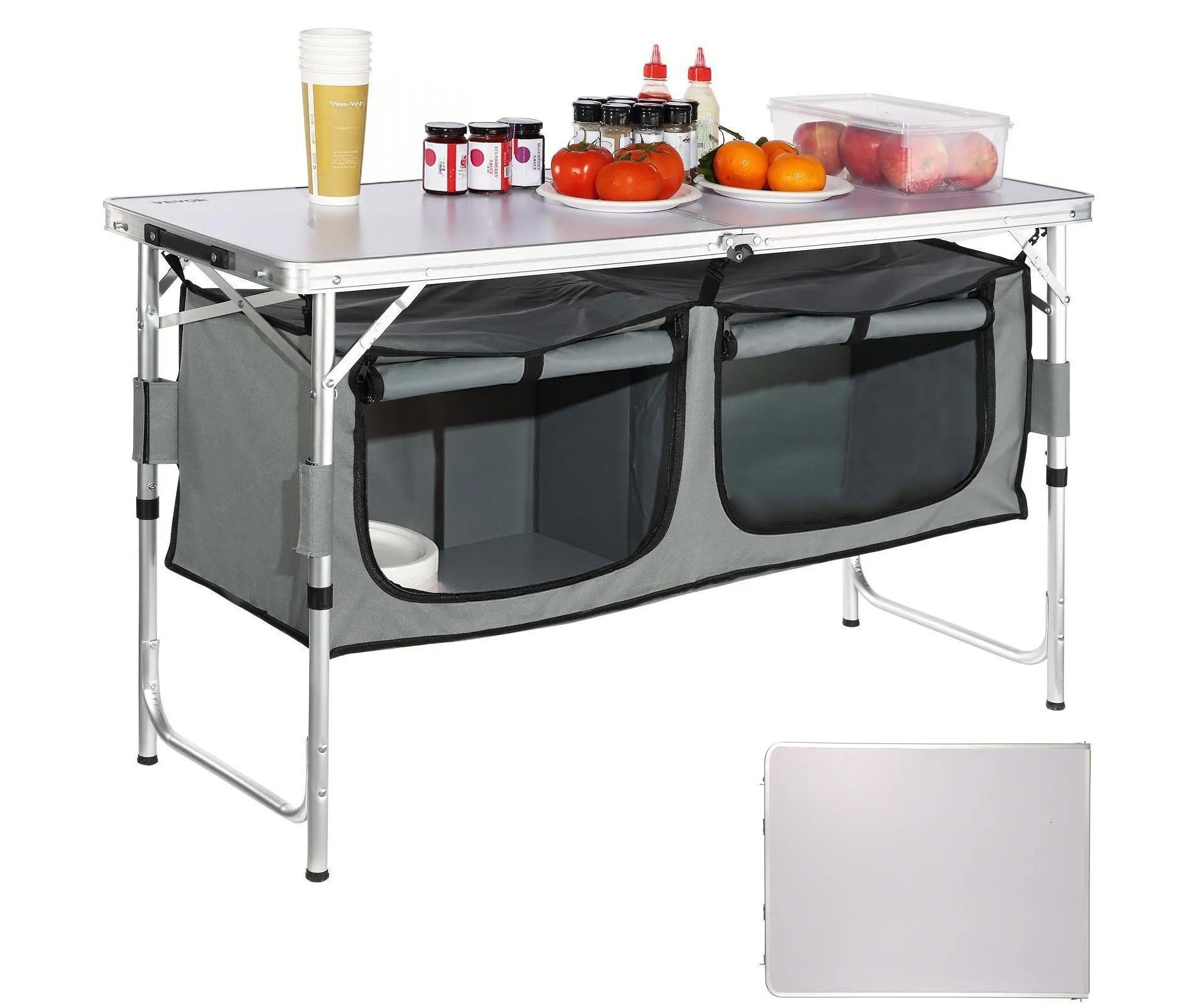 Folding Camping Kitchen Table, Portable Cook Station with Carry Bag, 3 Adjustable Heights, MDF Top