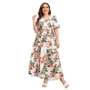 Womens Plus Size V Neck Wrap Maxi Dress High Waist Ruffle Summer Casual Dress with Belt - 1 of 4