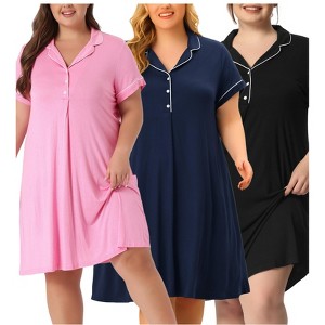 Agnes Orinda Women's Plus Size Short Sleeve Button Solid Nightgowns - 1 of 4