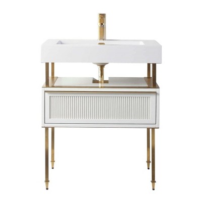 30" Matte White Bathroom Vanity with Satin Brass Hardware