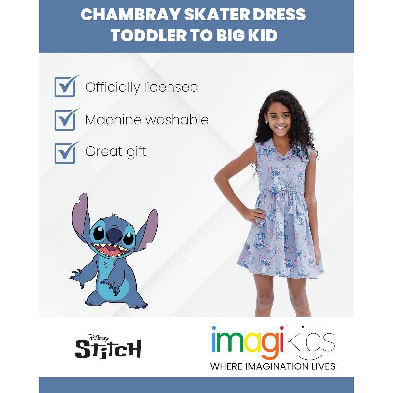 Disney Minnie Mouse Mickey Mouse Daisy Lilo & Stitch Princess Belle Ariel Girls Chambray Skater Dress Toddler to Big Kid, 2 of 7