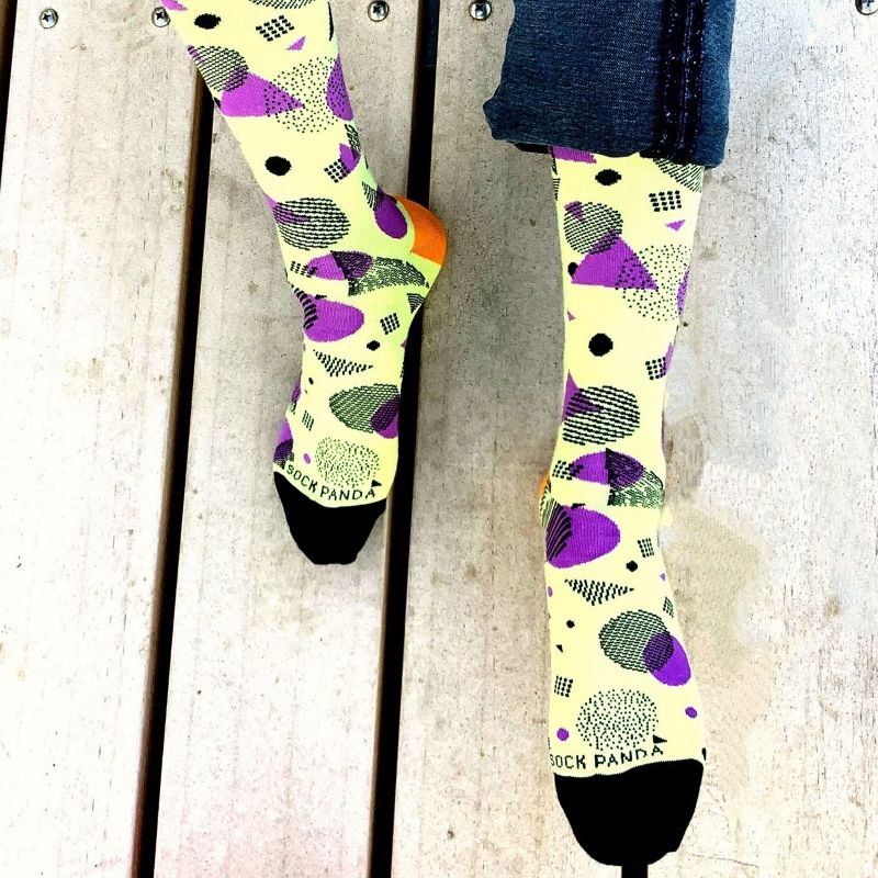 Bright Pop Art Yellow and Purple Patterned Socks from the Sock Panda (Men's Sizes Adult Large), 2 of 7